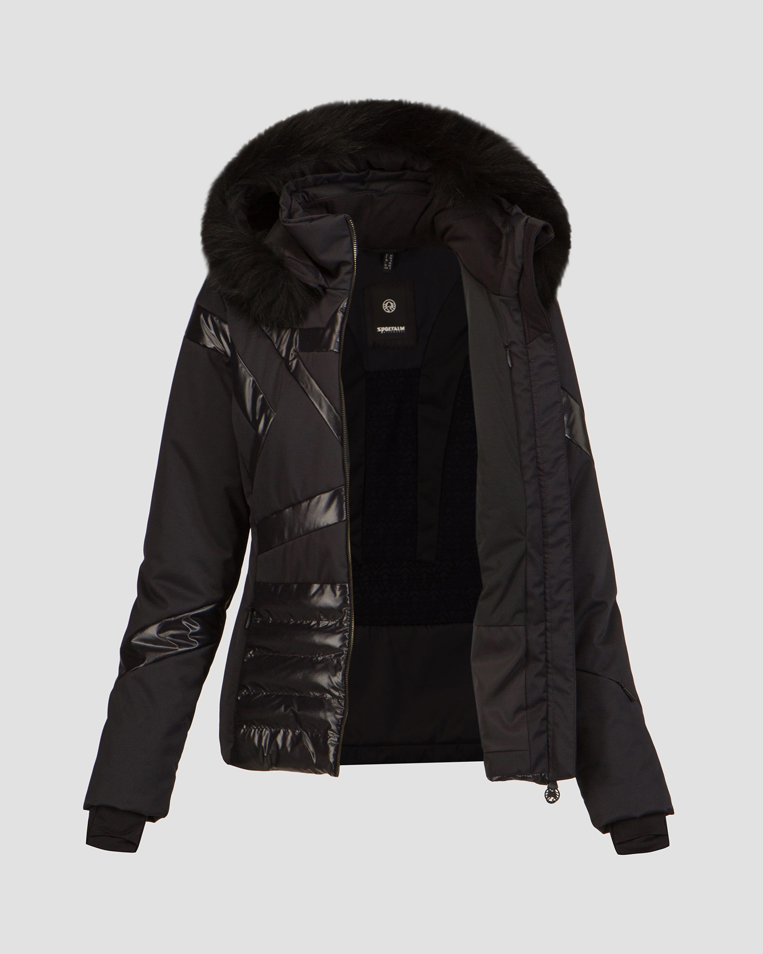 Černá dámská lyžařská bunda s kožíškem a páskem Sportalm