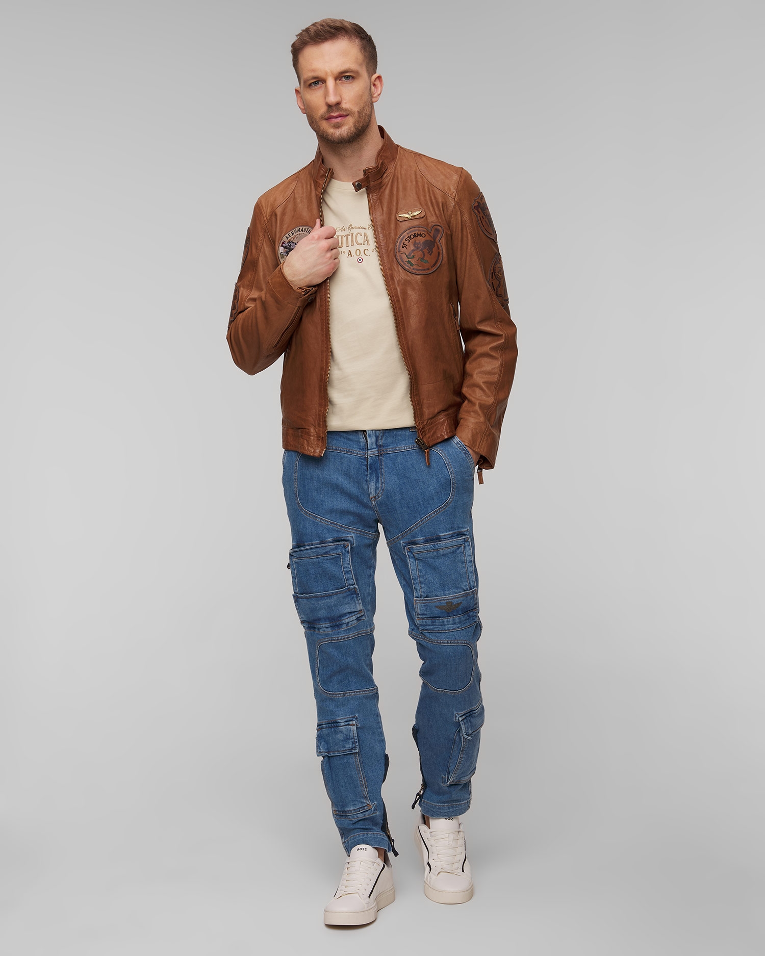 Pánská hnědá kožená bunda Aeronautica Militare