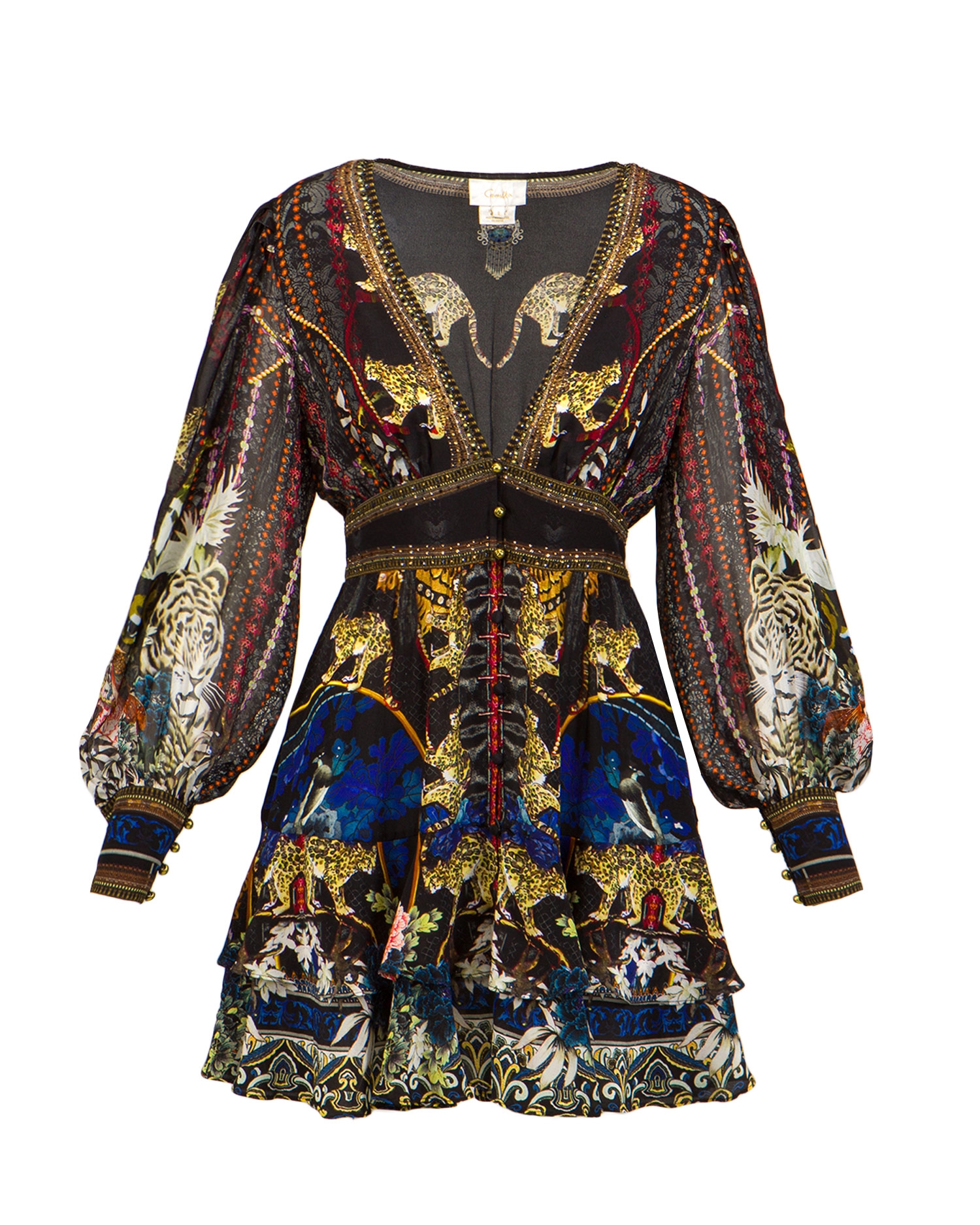 Hedvábné šaty Camilla HOLLYWOOD HEIST BUTTON FRONT FRILL